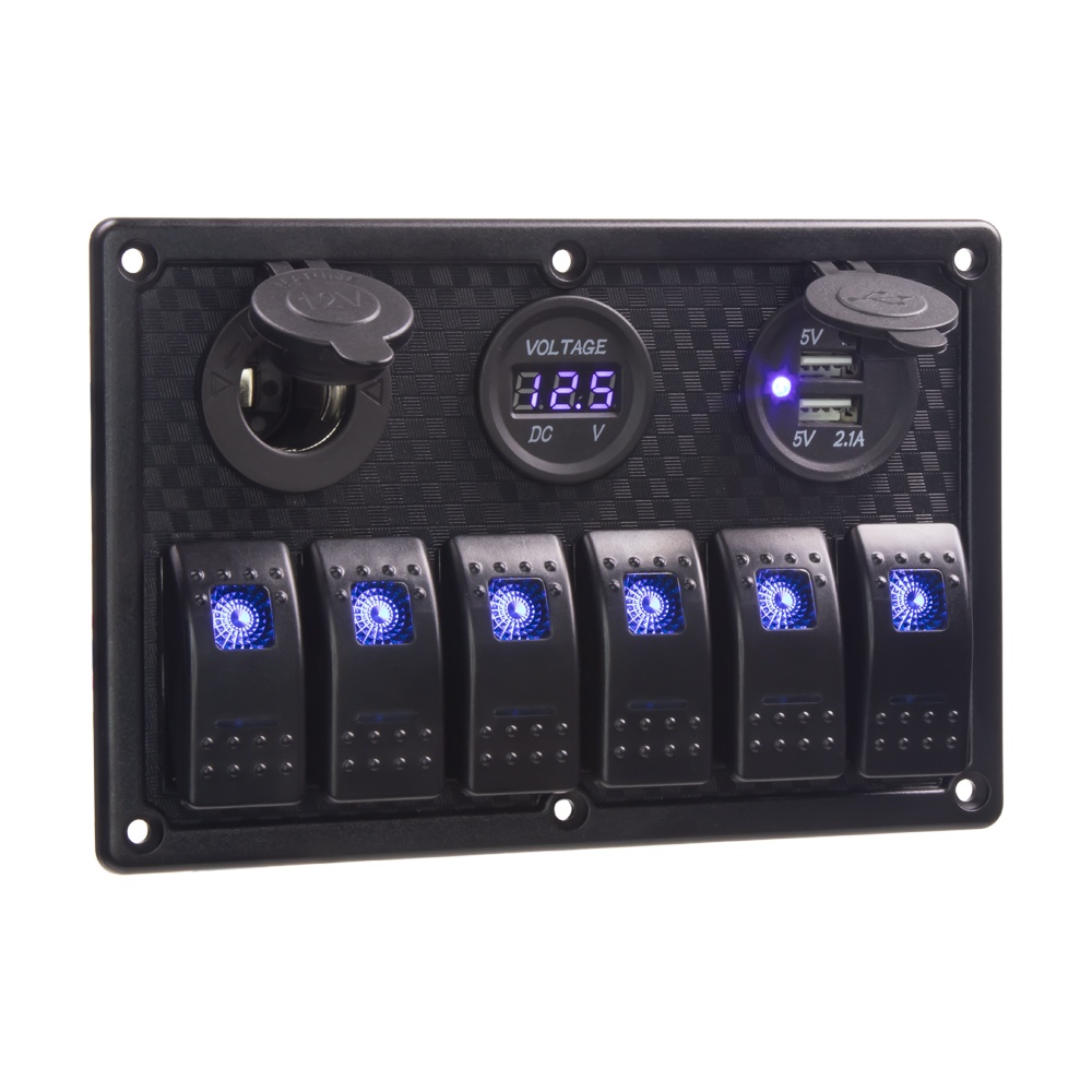 Panel s 6x spínači Rocker, voltmetr, CL + USB zásuvka, 12/24V (47159)